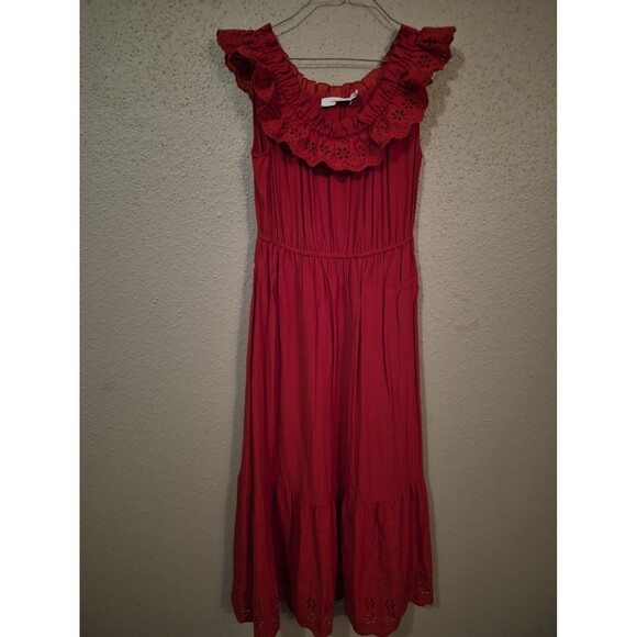 Coach Dresses & Skirts - Coach Eyelet Ruffle Midi Dress Sz O Red Romantic Milkmaid Cottage Boho $475
